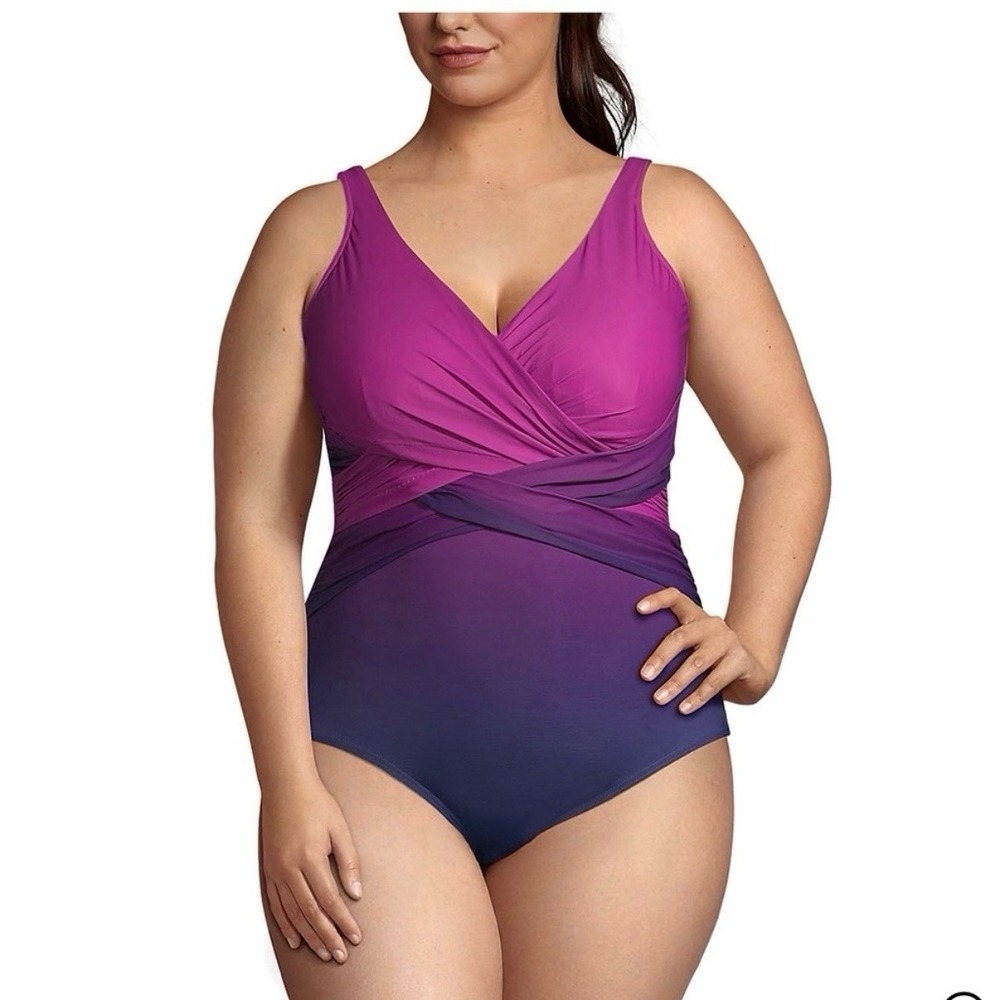 Lands End SlenderSuit Wrap 1 Piece Swimsuit Pink Ombre Tummy Control 18W TALL